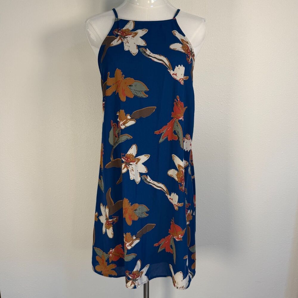 Lush Dress Women Medium Blue Floral Halter Shift Sleeveless Boho
